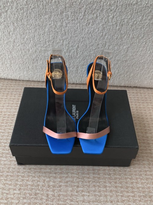 Yves Saint Laurent Women's Logo-Heel Sandal, Ankle Strap, Heel measures 10.5cm
