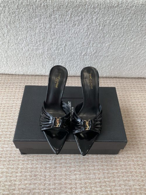 Yves Saint Laurent Monogram Leather High Heel Mules Pointed Toe Sandals