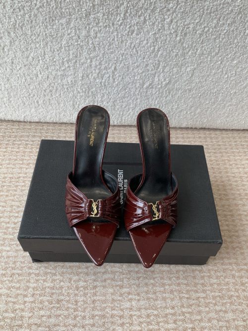 Yves Saint Laurent Monogram Patent Leather High Heel Mule Sandals