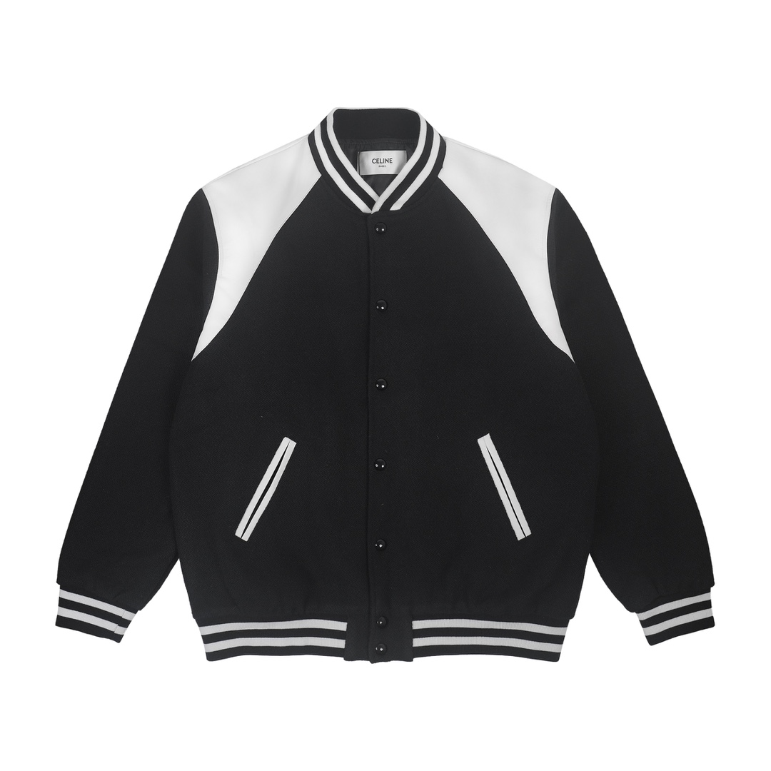CE 24FW Chaqueta tipo béisbol con hombros de piel, tejido de mezcla de lana y acrílico, toda la prenda usa canalé de la…