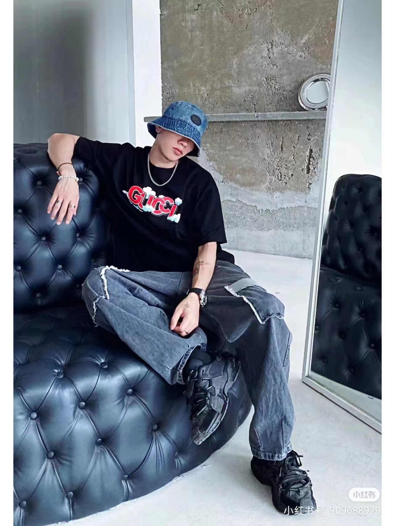 Gucci古驰蓝天白云印花短袖T恤 上身效果#