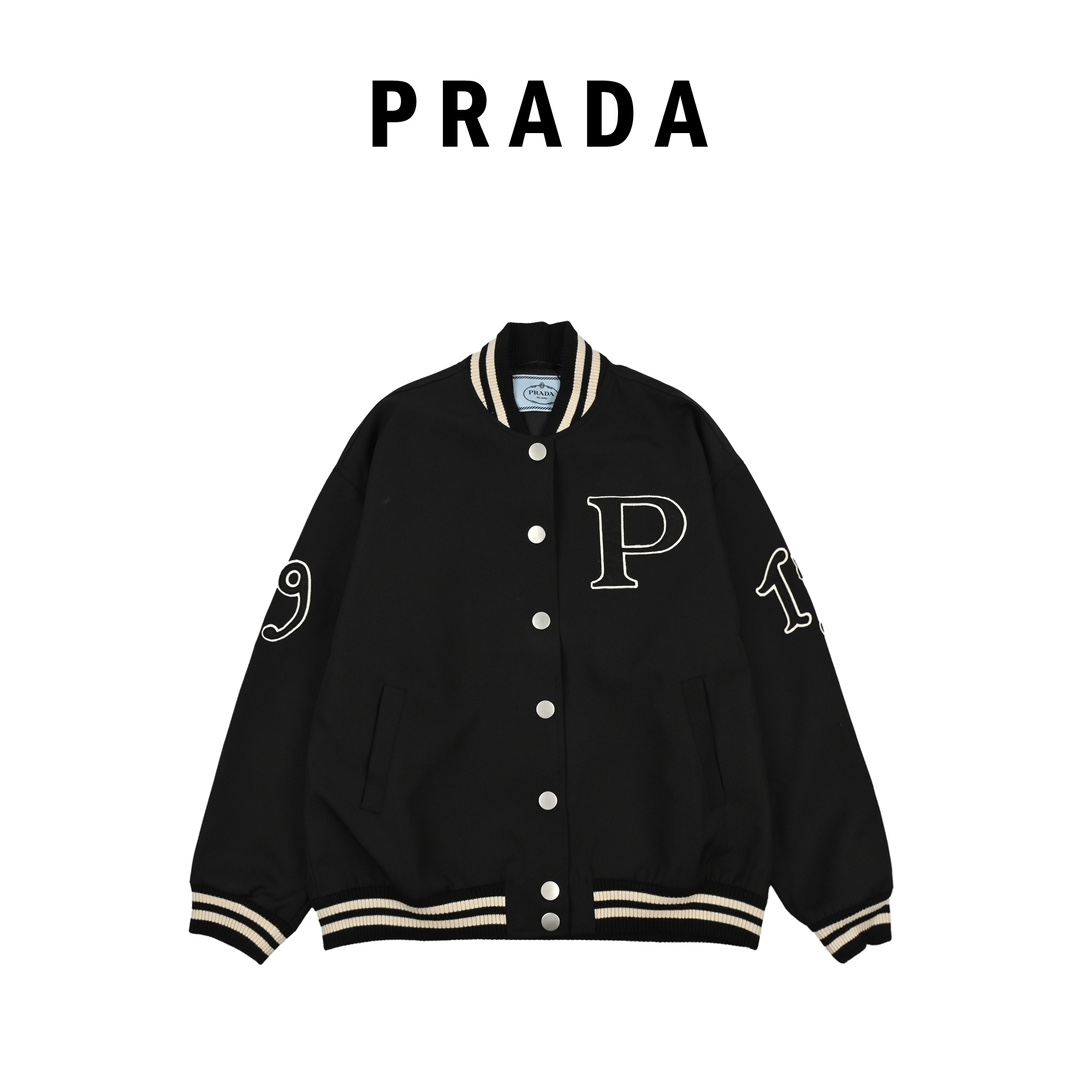 Prada普拉达24FW 帆布粒面夹棉棒球服