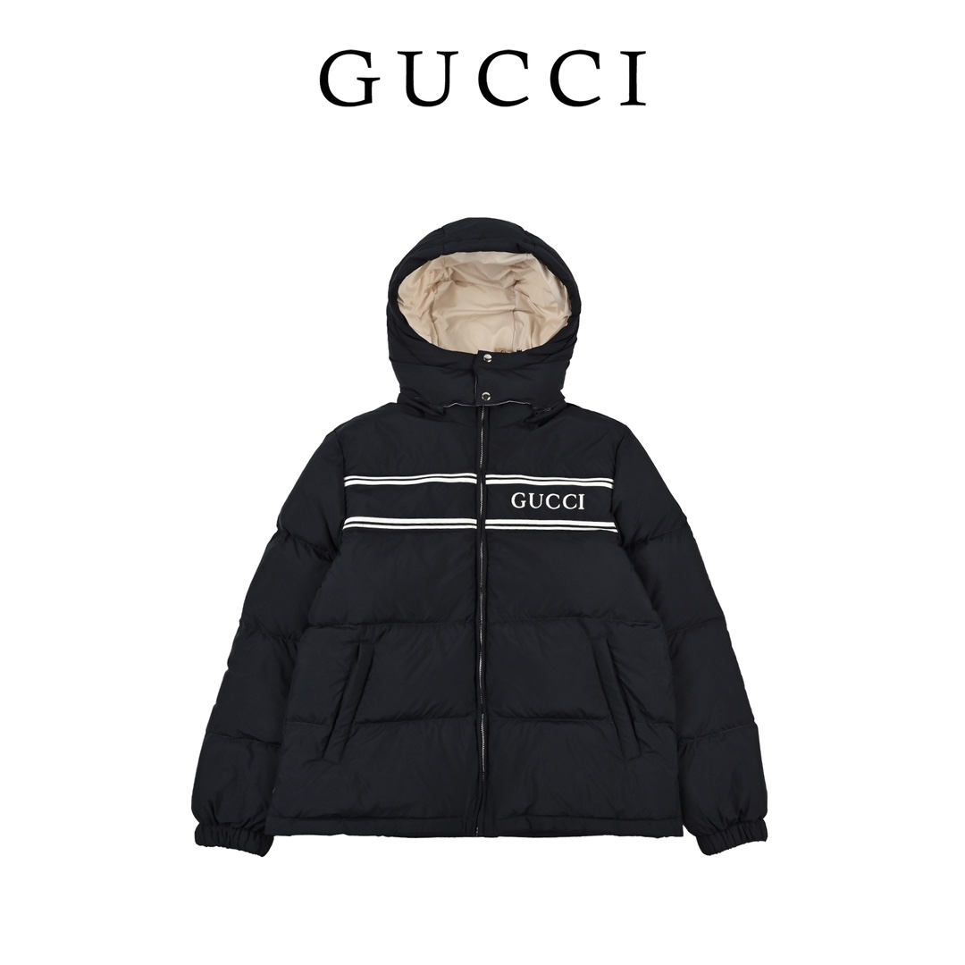 Gucci｜古驰 胸前logo条纹织带连帽羽绒服