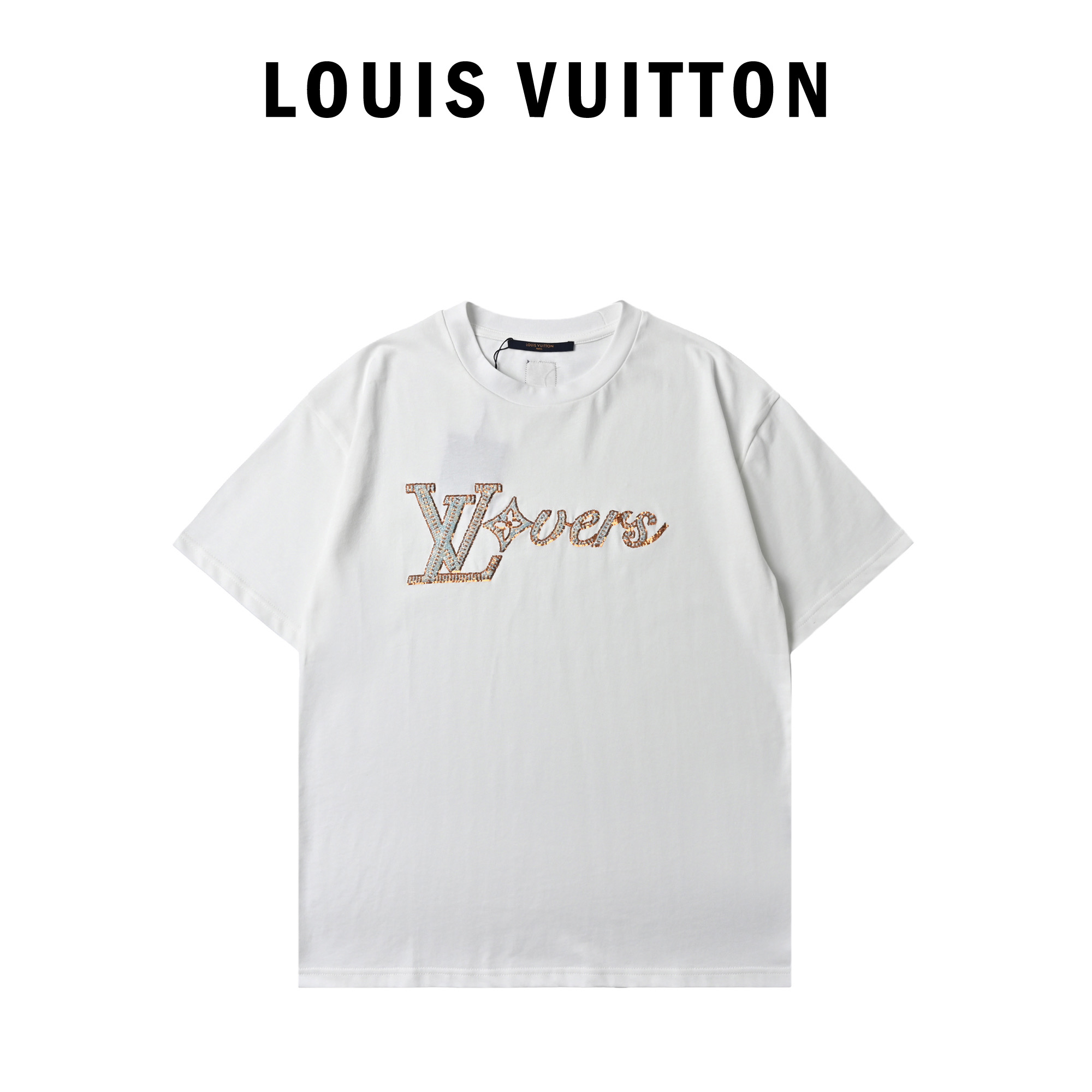 Louis Vuitton路易威登春夏系列菲董发布会珠片Logo渐变字母T恤