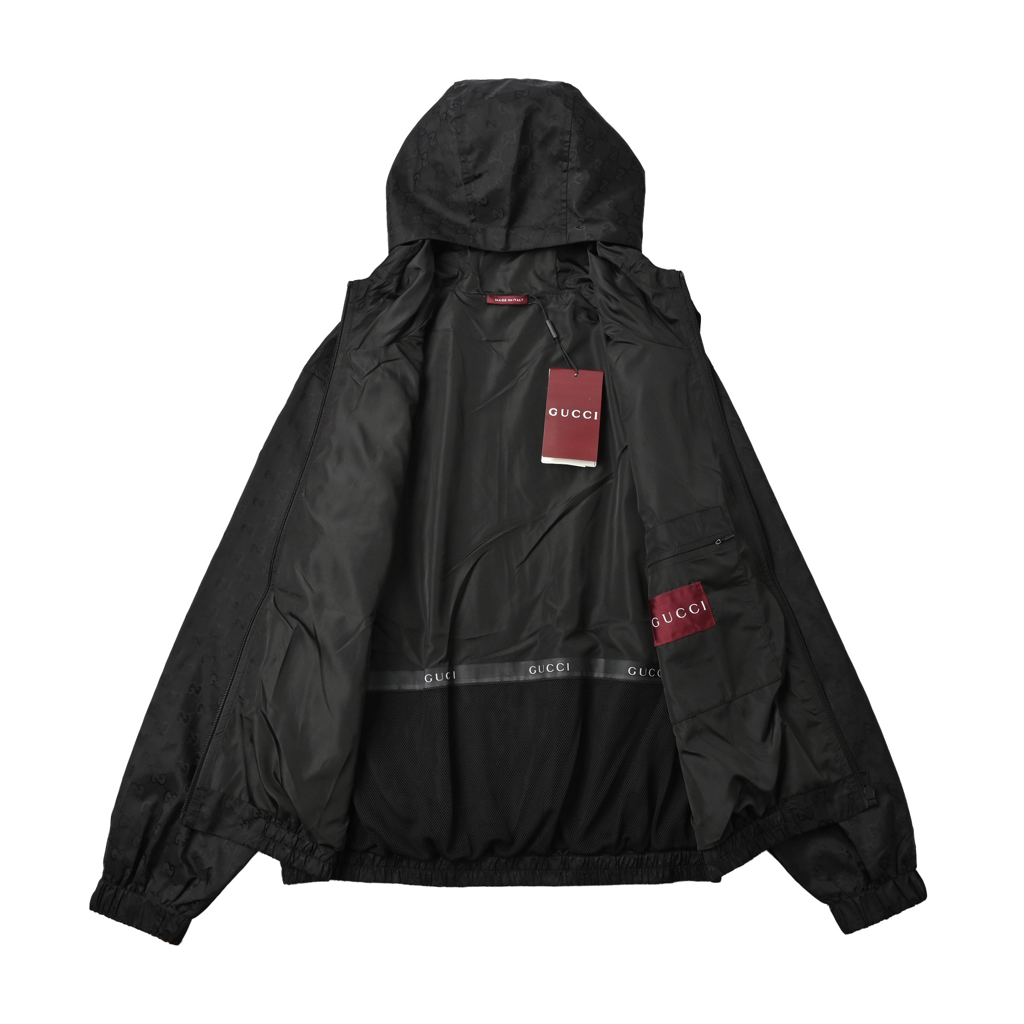 Gucci 古驰 满印连帽休闲夹克外套 轻质GG尼龙提花 领口织带