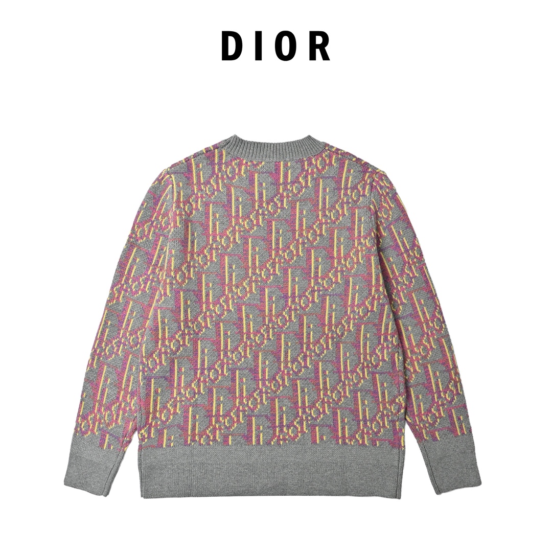 Dior 迪奥 CD 满印提花圆领毛衣 灰色 粉色 黄色纱线