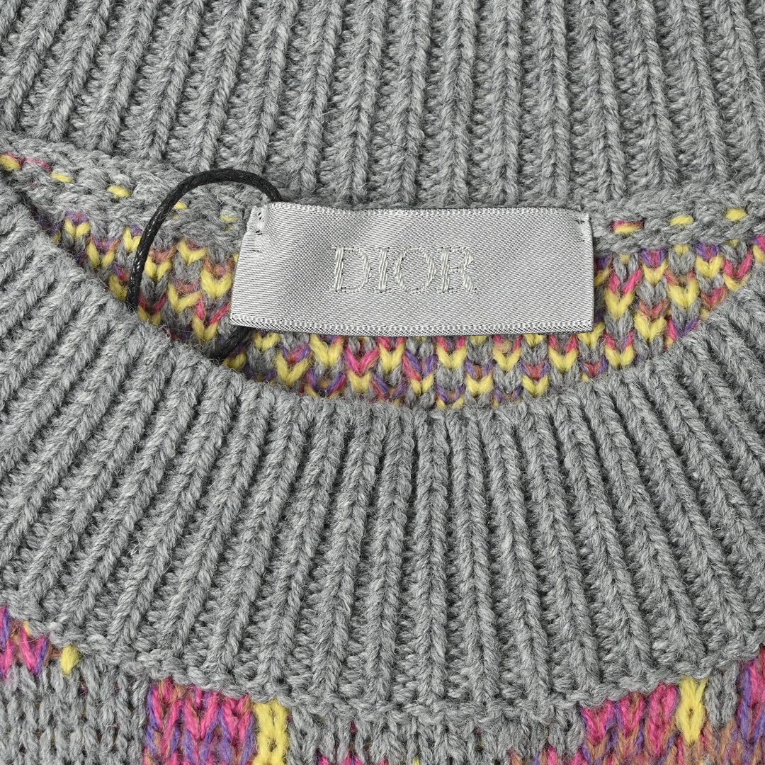 Dior 迪奥 CD 满印提花圆领毛衣 灰色 粉色 黄色纱线
