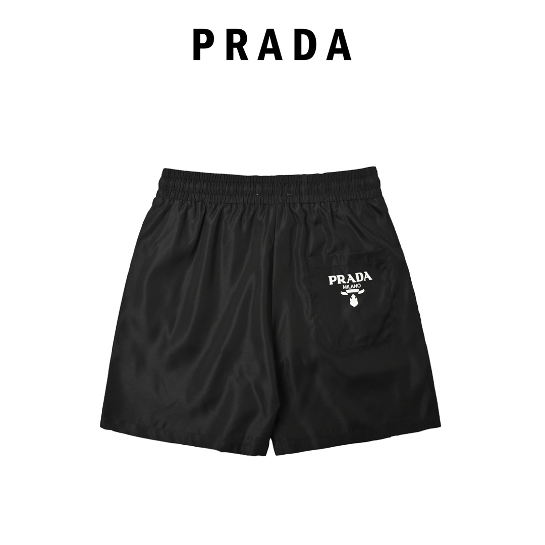 Prada 普拉达 经典红饰条三角标沙滩短裤