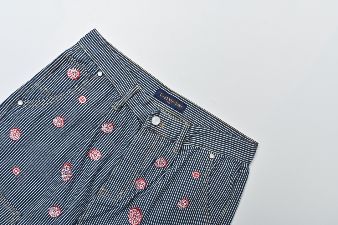 LOUIS VUITTON LV 联名款樱花刺绣竖条纹套装牛仔长裤