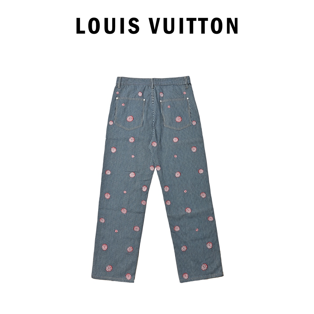 LOUIS VUITTON LV 联名款樱花刺绣竖条纹套装牛仔长裤