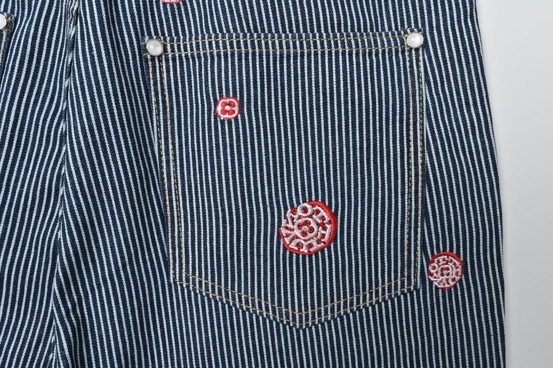 LOUIS VUITTON LV 联名款樱花刺绣竖条纹套装牛仔长裤