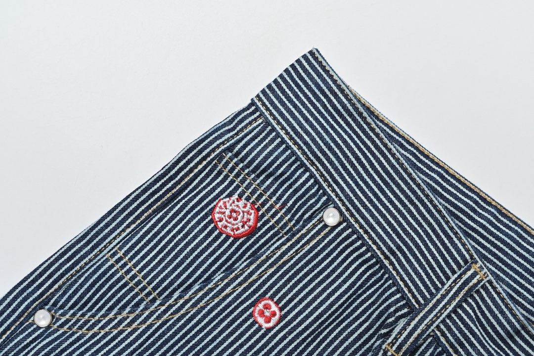 LOUIS VUITTON LV 联名款樱花刺绣竖条纹套装牛仔长裤