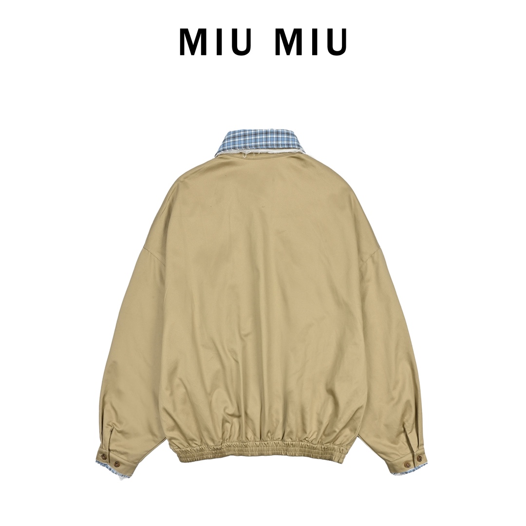 Miu Miu/缪缪 25Fw 贴布绣格纹假两件夹克外套 定织定染高支数斜纹纺织