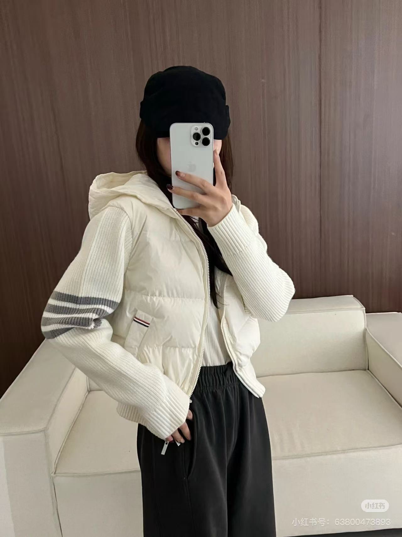 Thom Brown 四条杠条纹 针织拼接羽绒外套 上身效果#