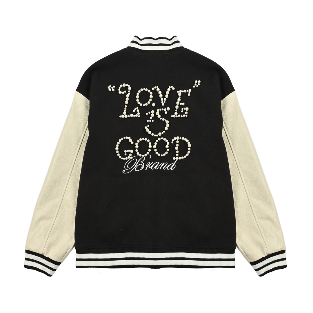 GOODBRAND Love is good经典珍珠标语拼色棒球服男女同款夹克外套-Chinese UA Cheap High Quatity Brand Clothes Bags handbags Sneakers wholesale wholesaler seller from China Factory suppliers Fashion Clothing Shoes best Quality Beautiful Price GOODBRAND Love is good经典珍珠标语拼色棒球服男女同款夹克外套
