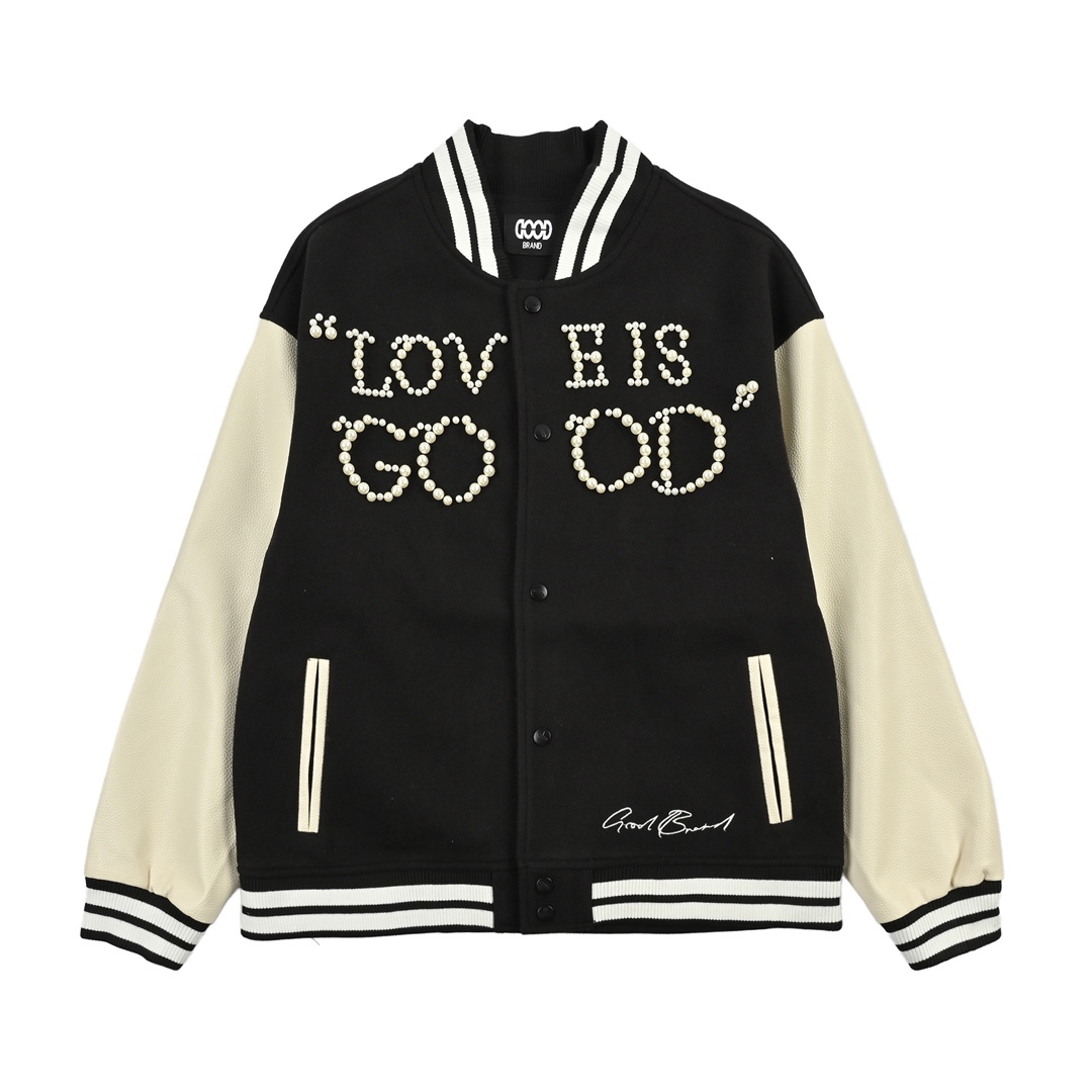 GOODBRAND Love is good经典珍珠标语拼色棒球服男女同款夹克外套-Chinese UA Cheap High Quatity Brand Clothes Bags handbags Sneakers wholesale wholesaler seller from China Factory suppliers Fashion Clothing Shoes best Quality Beautiful Price GOODBRAND Love is good经典珍珠标语拼色棒球服男女同款夹克外套