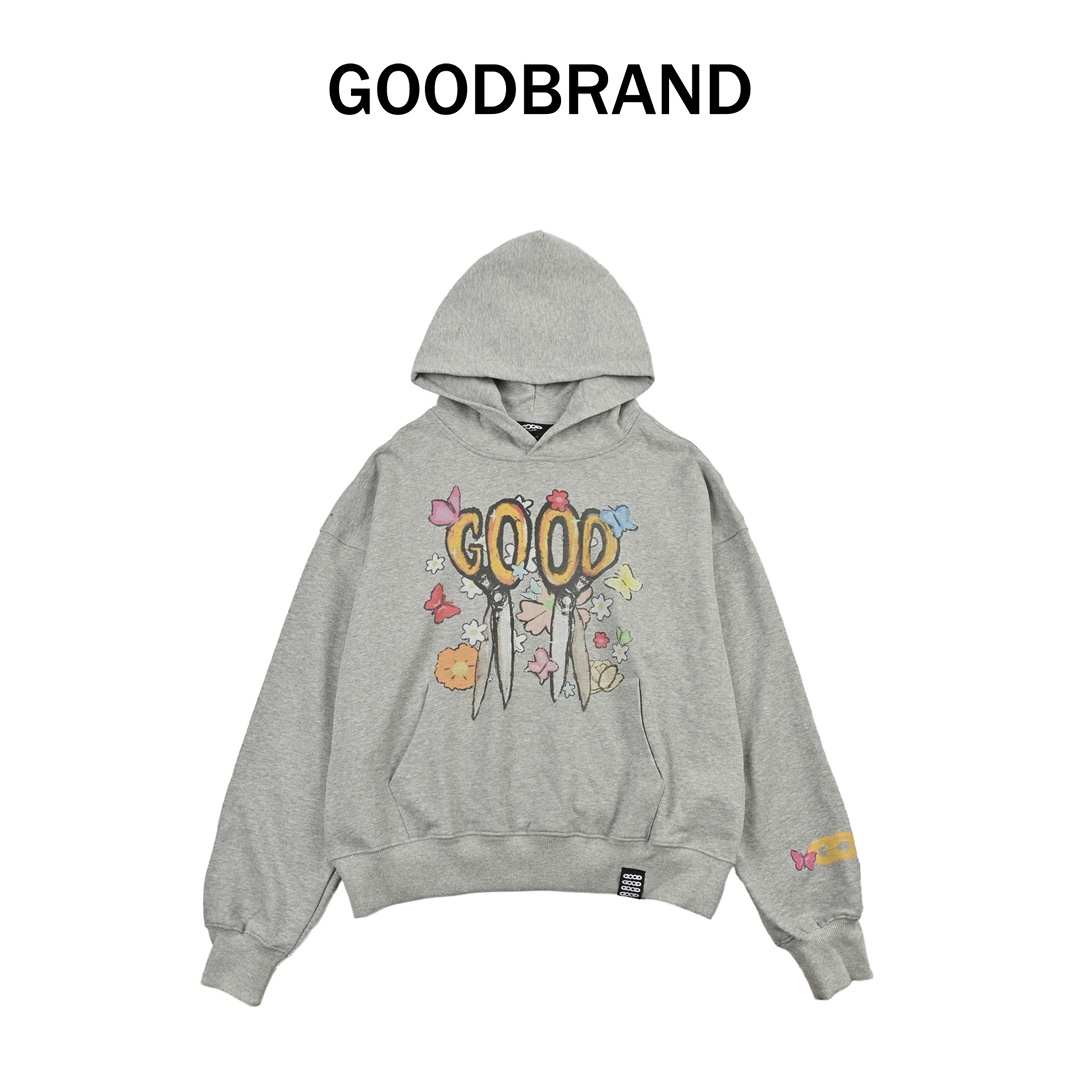 GB-GOODBRANDGB-GOODBRAND蝴蝶鲜花与剪刀蜡笔画连帽卫衣 GB-GOODBRANDGB-GOODBRAND蝴蝶鲜花与剪刀蜡笔画连帽卫衣