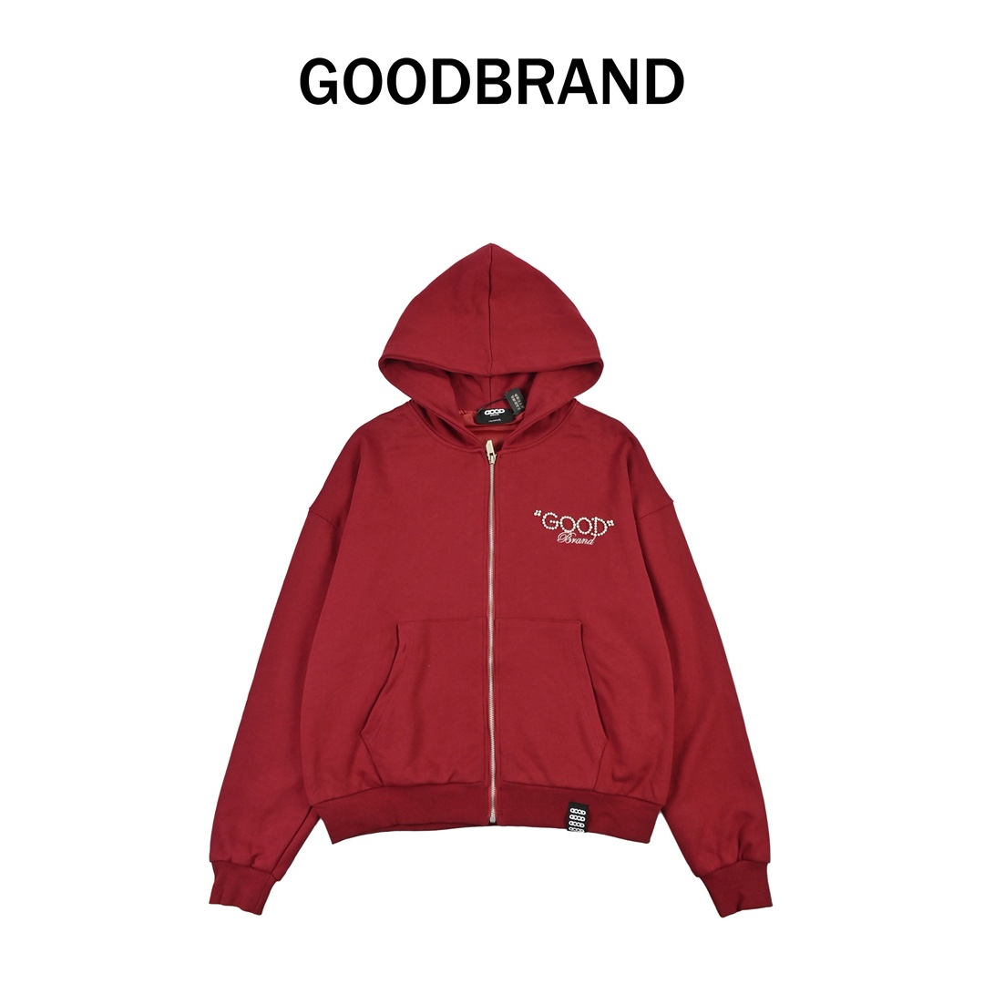 GOODBRAND 珍珠标语宽松拉链开衫连帽卫衣长袖外套