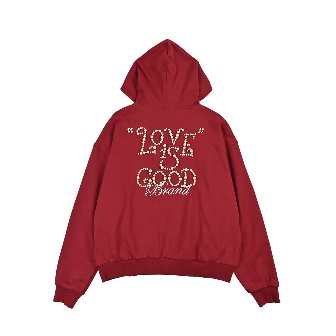 GOODBRAND 珍珠标语宽松拉链开衫连帽卫衣长袖外套