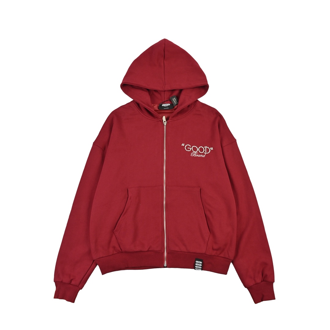 GOODBRAND 珍珠标语宽松拉链开衫连帽卫衣长袖外套