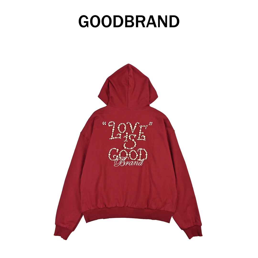 GOODBRAND 珍珠标语宽松拉链开衫连帽卫衣长袖外套