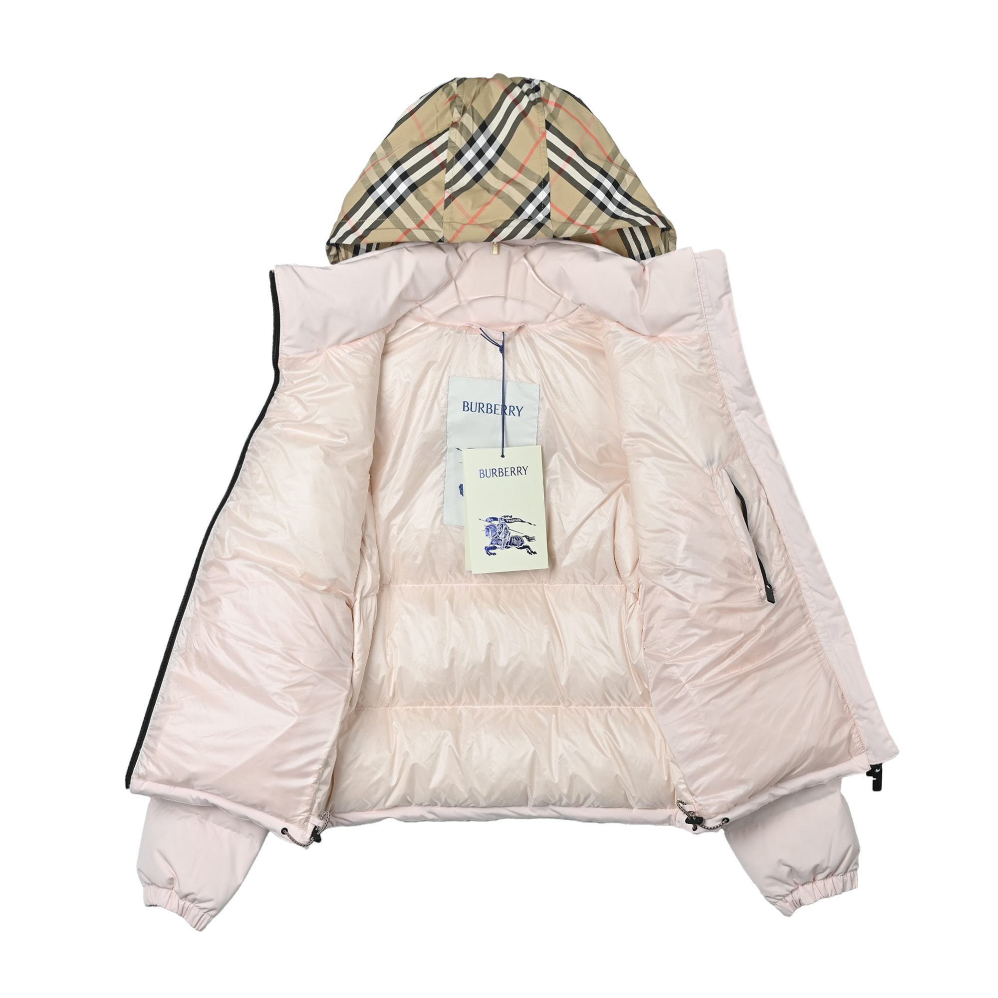 女款 Burberry巴宝莉格纹隐藏帽羽绒服 Burberry女款格纹隐藏帽羽绒服