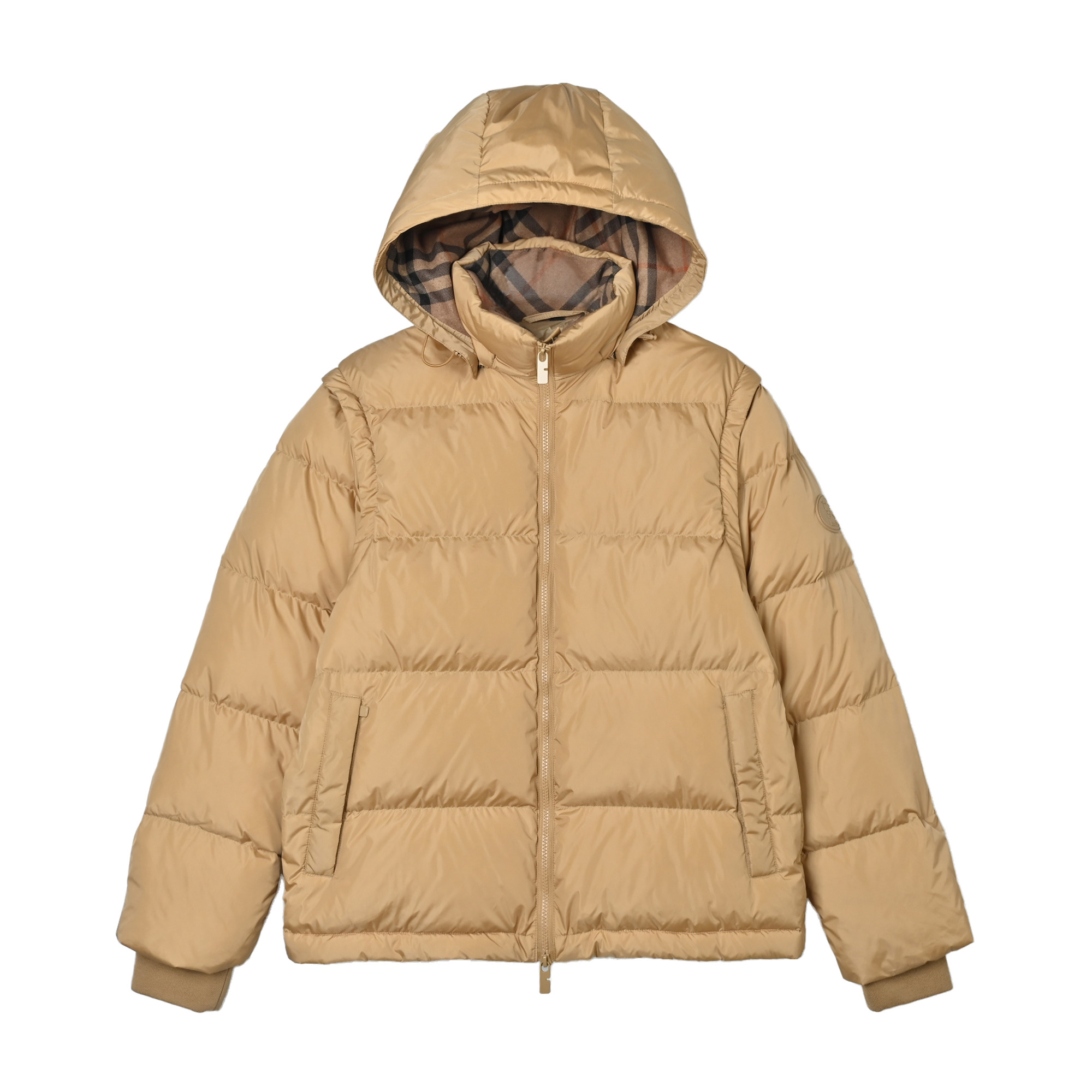 Burberry/巴宝莉 圆袖标可拆袖帽格纹连帽羽绒服