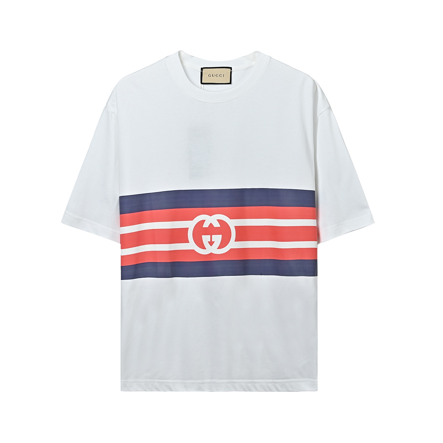 Gucci古驰 蓝红条纹互扣大标印花短袖-Chinese UA Cheap High Quatity Brand Clothes Bags handbags Sneakers wholesale wholesaler seller from China Factory suppliers Fashion Clothing Shoes best Quality Beautiful Price Gucci古驰 蓝红条纹互扣大标印花短袖