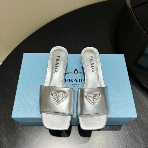 Prada Women's Silver Leather Heeled Sandals with Logo - Spring/Summer Collection