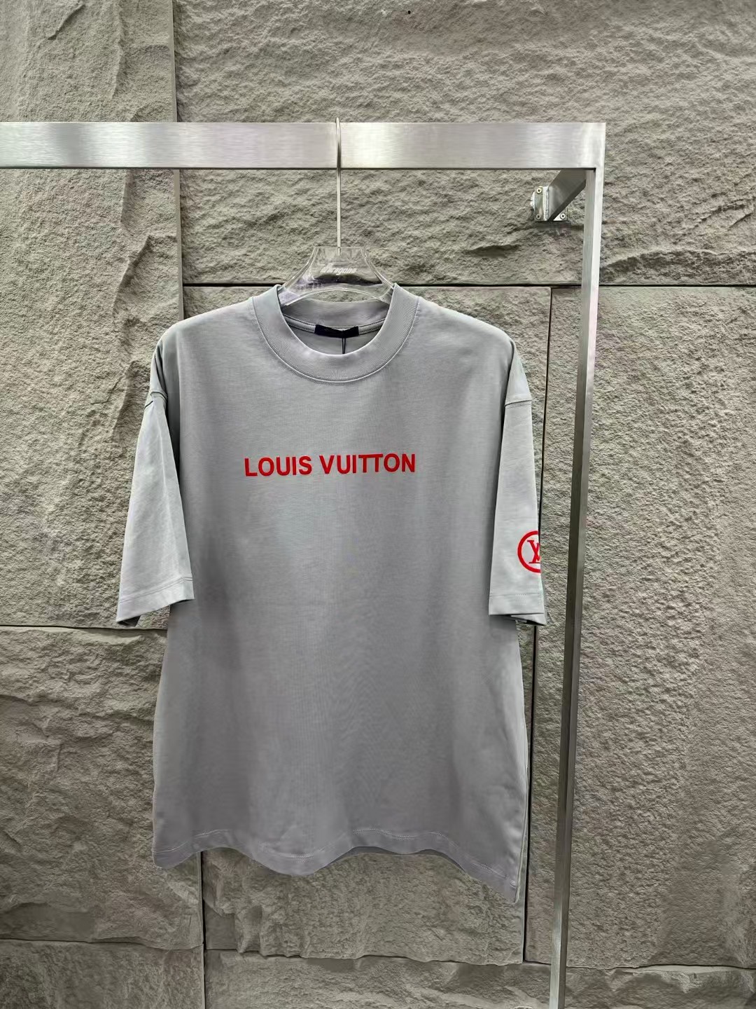 Louis Vuitton Gray Crew Neck T-Shirt with Red Logo, Stylish and Comfortable 2 a1745217203113 1172