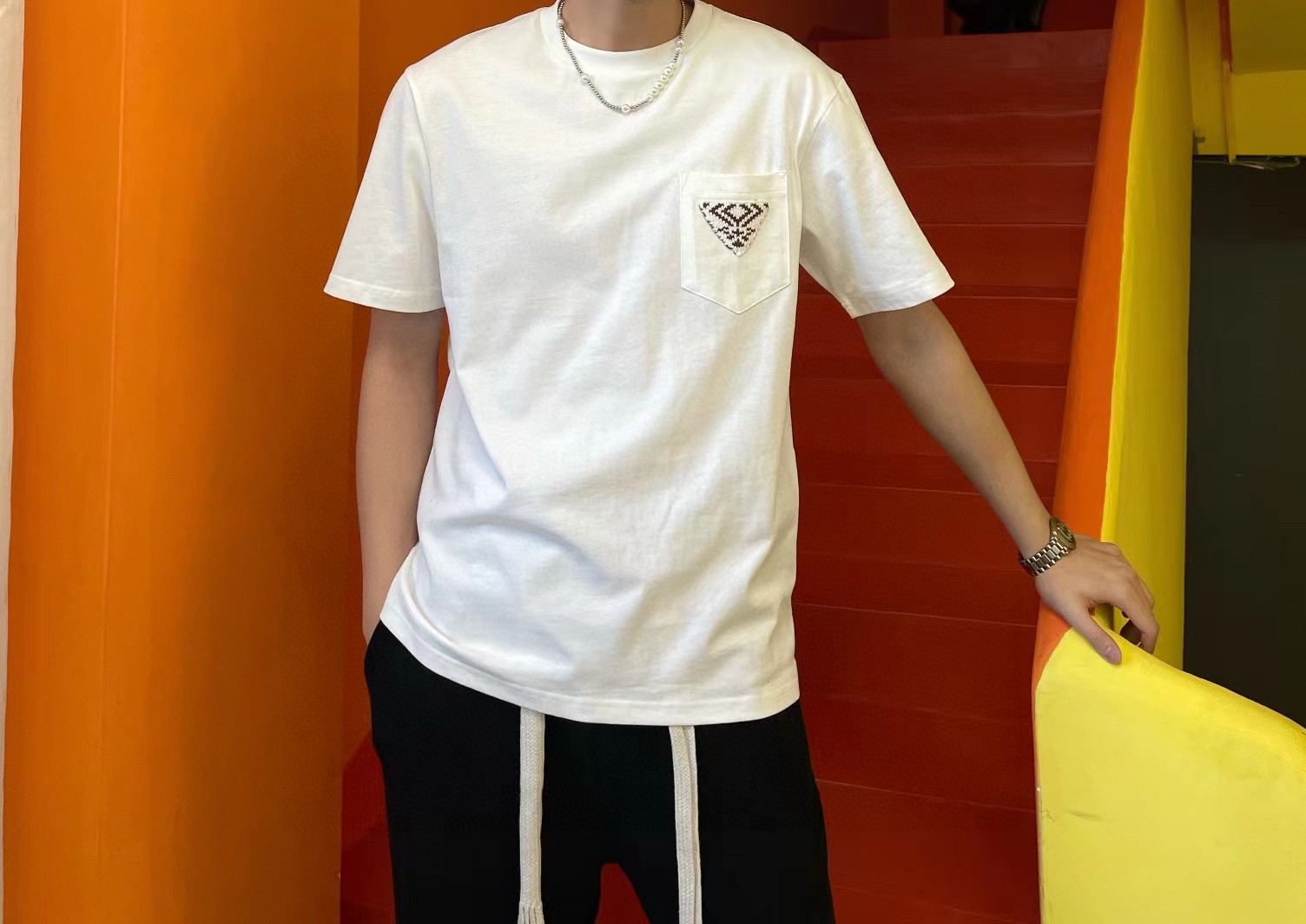 Prada Crew Neck T-Shirt with Triangle Logo Jacquard Embroidery