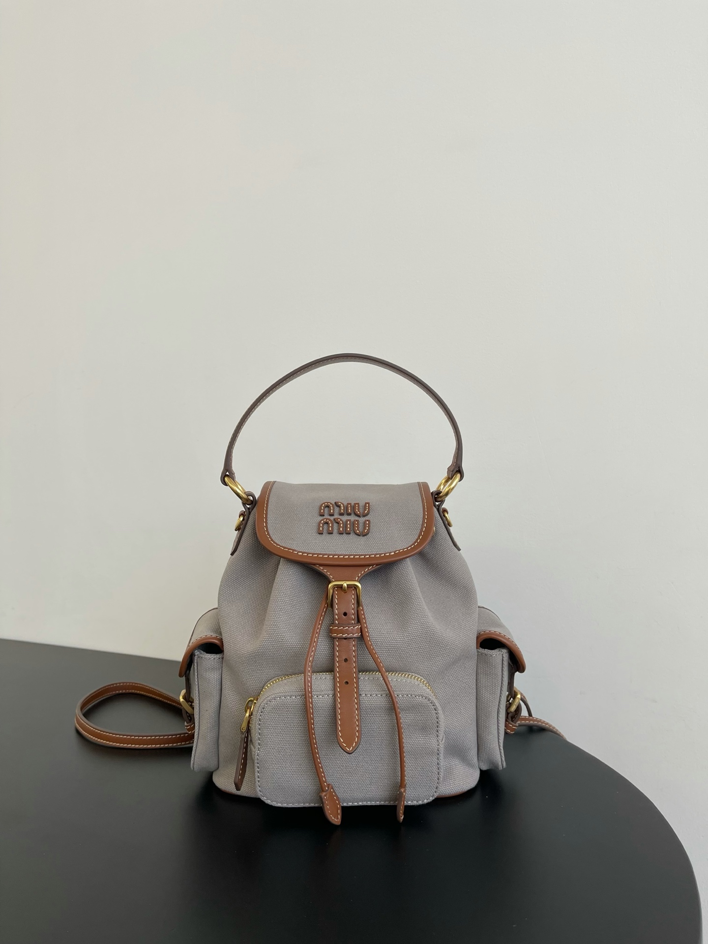 Canvas Calfskin Backpack Drawstring Flap Side Pocket
