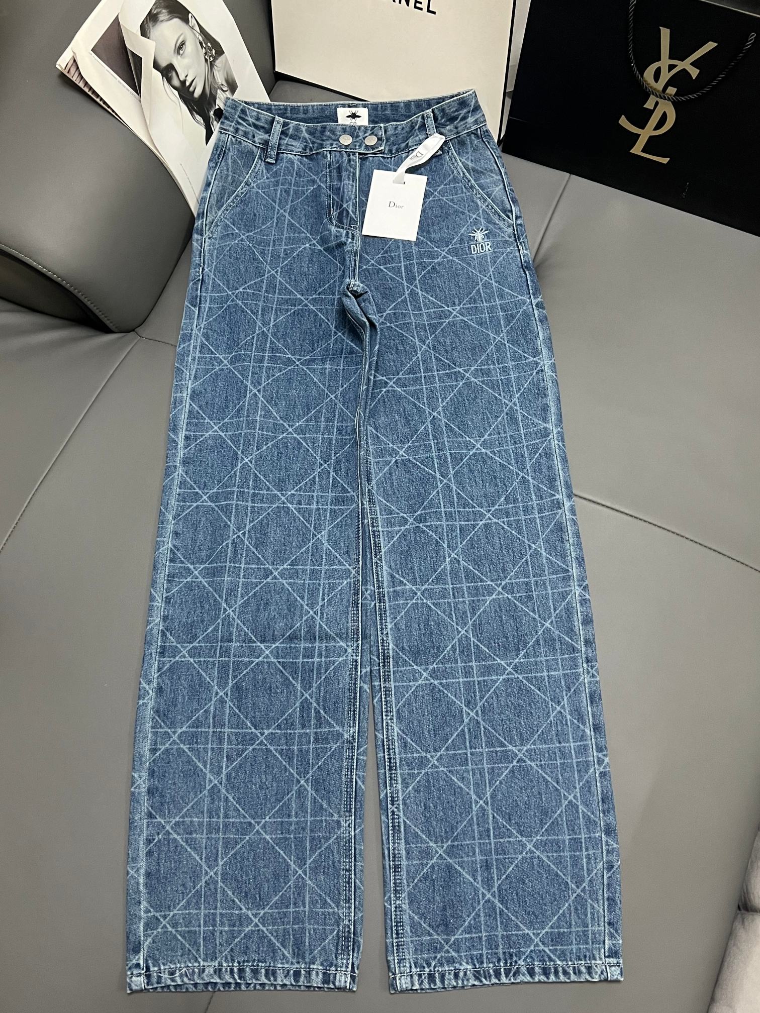 Dior Women's Blue Laser Embroidered Logo Jeans Straight Leg Denim Pants