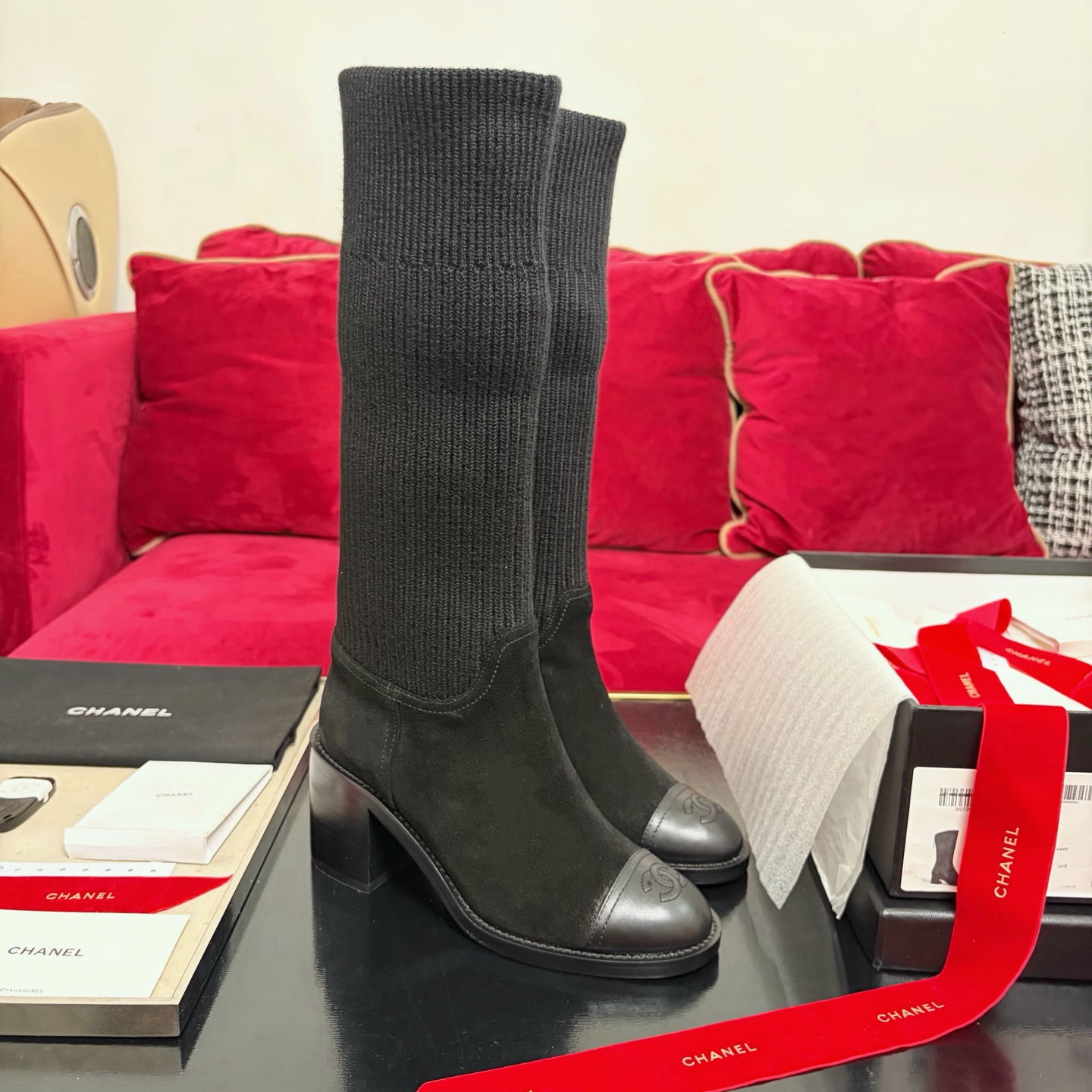 CHANEL Fall/Winter Women's Boots Slip-On Straight Boots Riding Boots Italian Genuine Leather Outsole