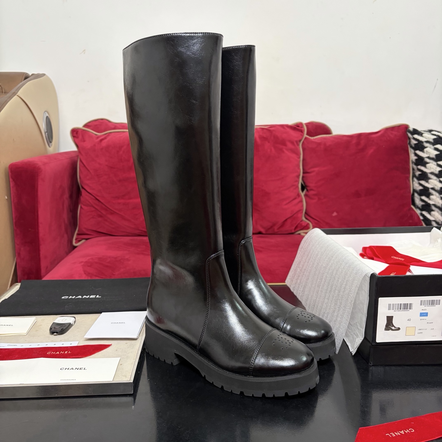 CHANEL Fall/Winter Women's Boots Slip-On Straight Boots Riding Boots Italian Genuine Leather Outsole
