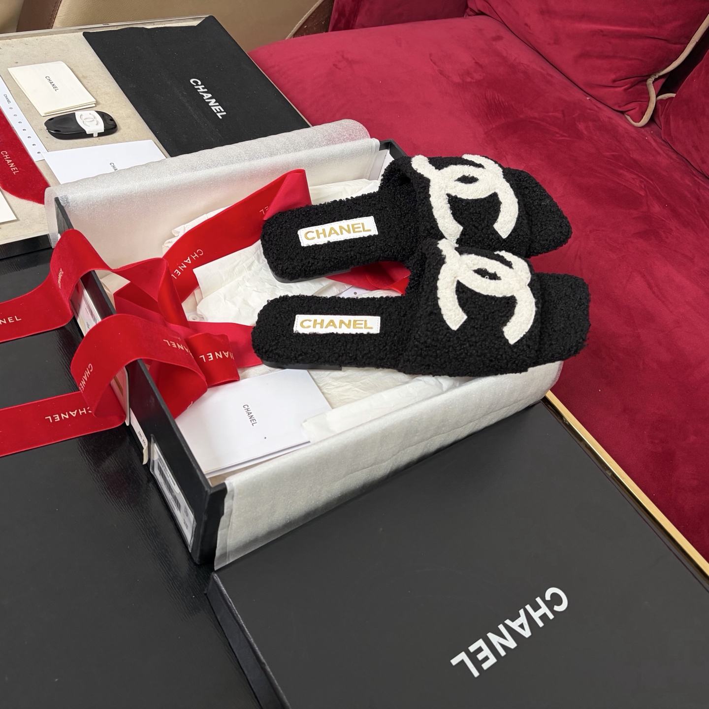 CHANEL 울 뮬 양털 퀼팅 패턴 울 롤 안감 고무 미끄럼 방지 밑창 백화점 정품 포장