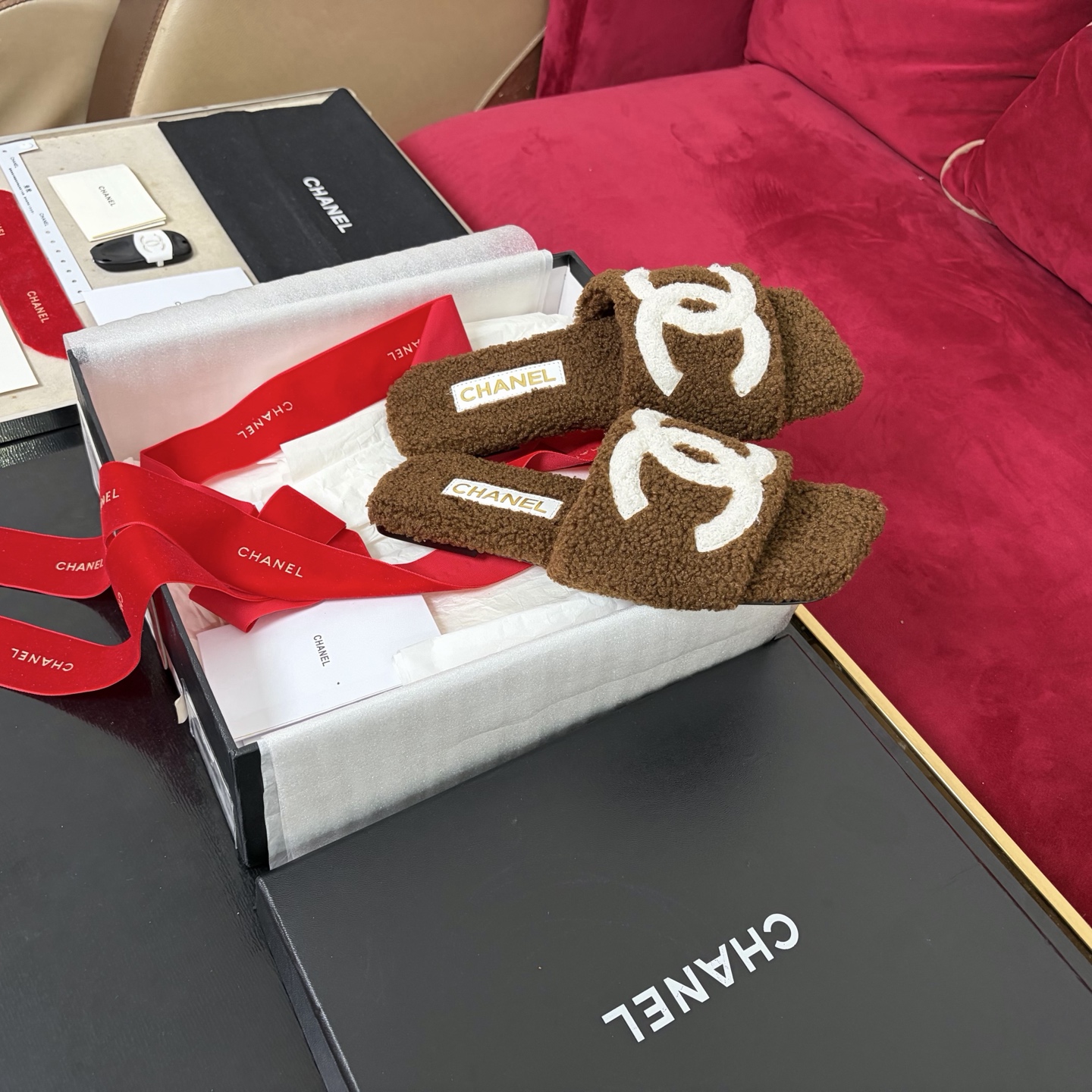 CHANEL 울 뮬 양털 퀼팅 패턴 울 롤 안감 고무 미끄럼 방지 밑창 백화점 정품 포장