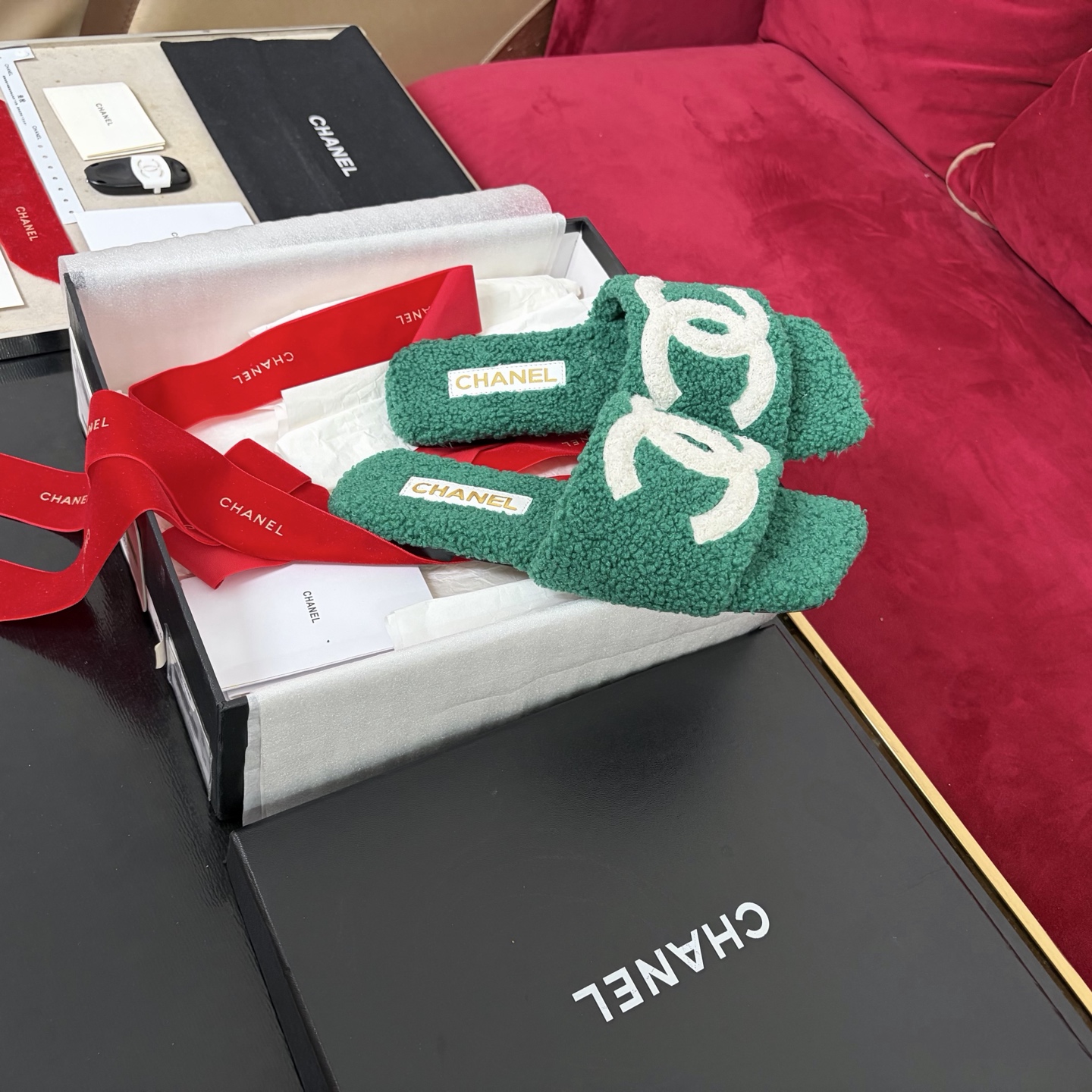 CHANEL 울 뮬 양가죽 퀼팅 양털 안감 고무 미끄럼 방지 밑창 백화점 포장