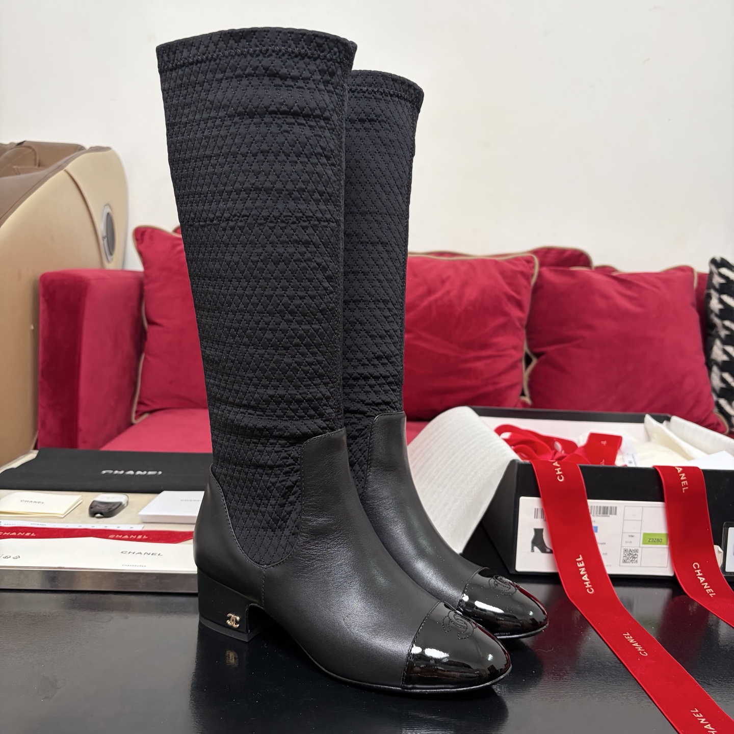 Chanel Patchwork Chunky Heel Stretch Boots Calfskin Long Boots