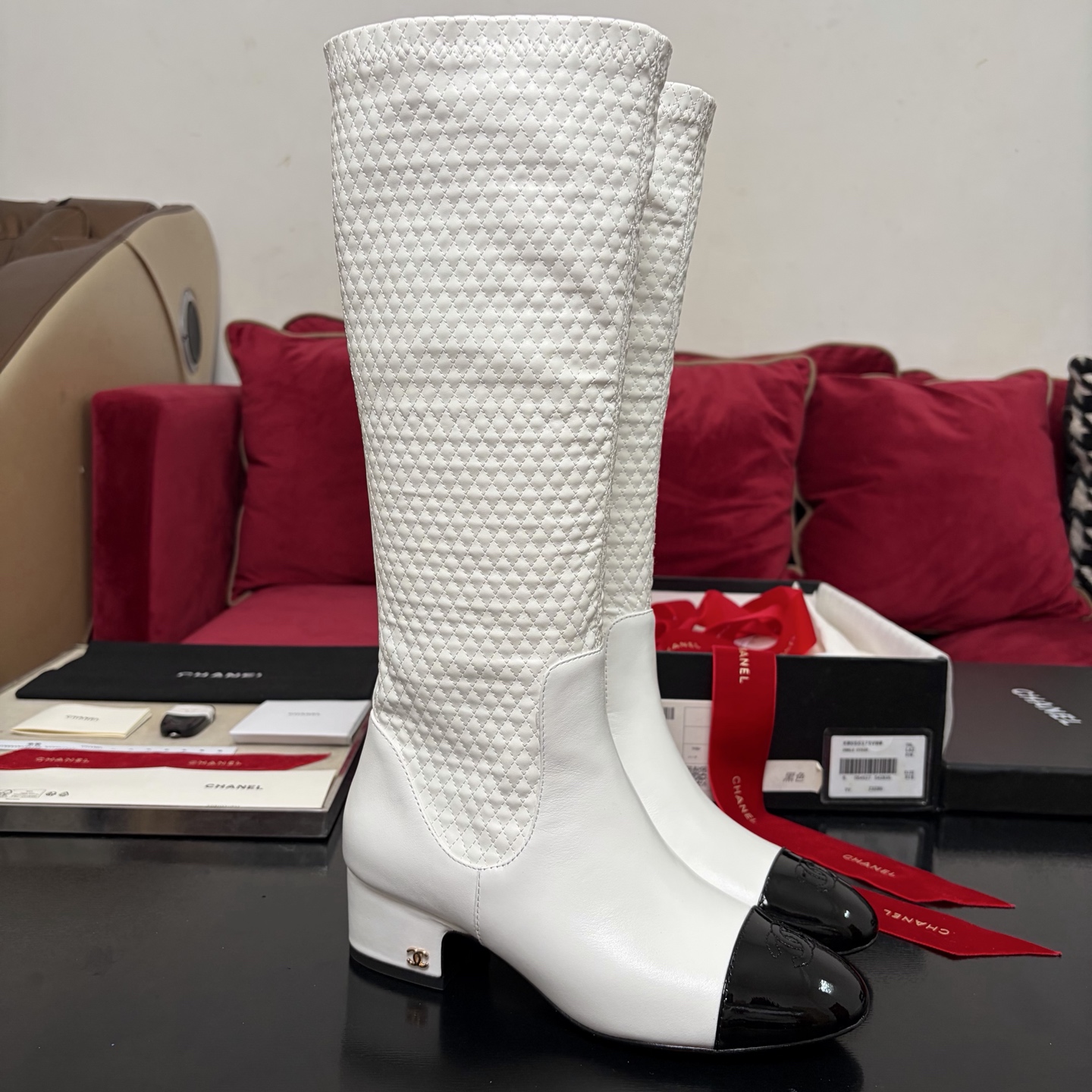Chanel High Boots Calfskin Chunky Heel Paneled Stretch Boots