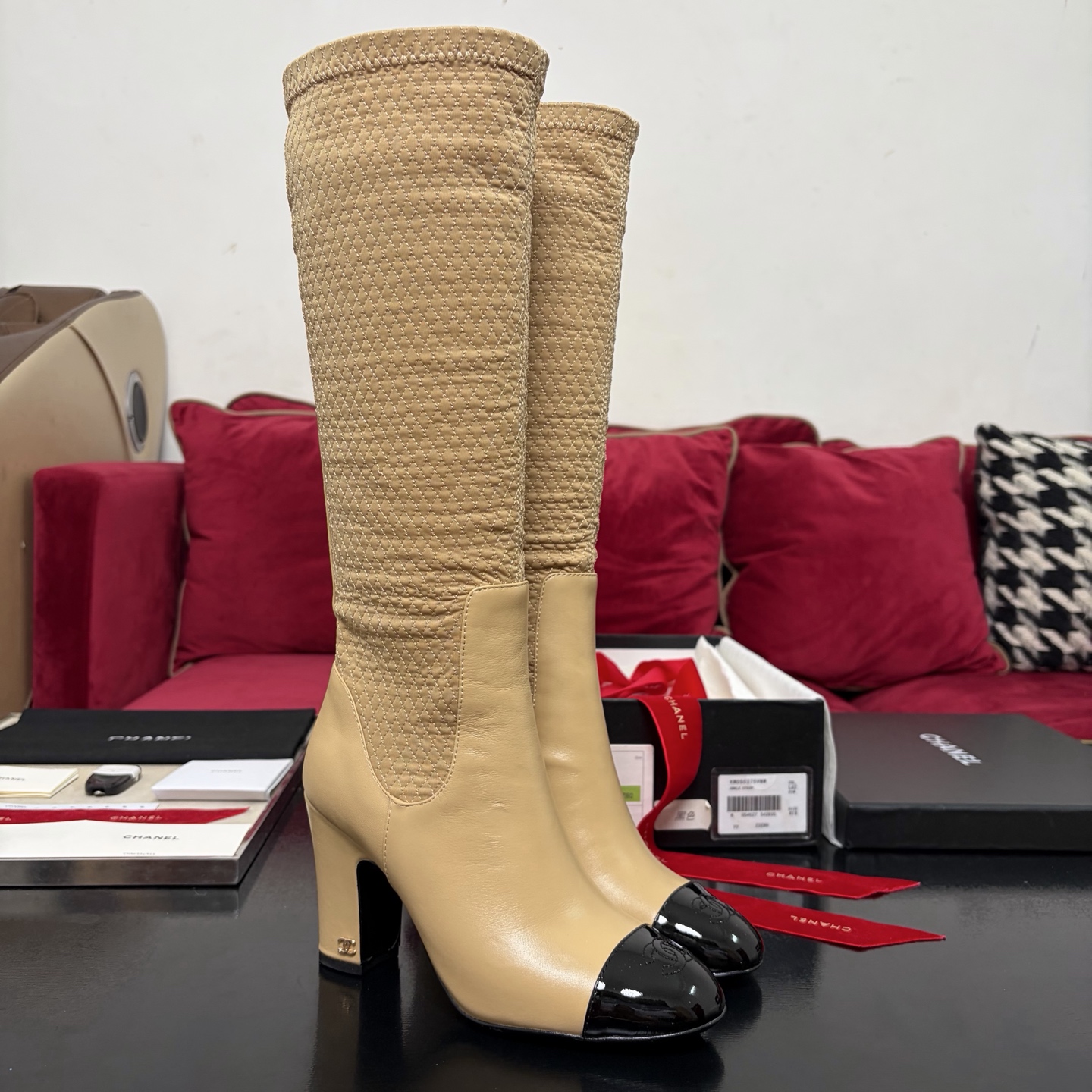 Chanel Patchwork Chunky Heel Stretch Boots Calfskin High Boots
