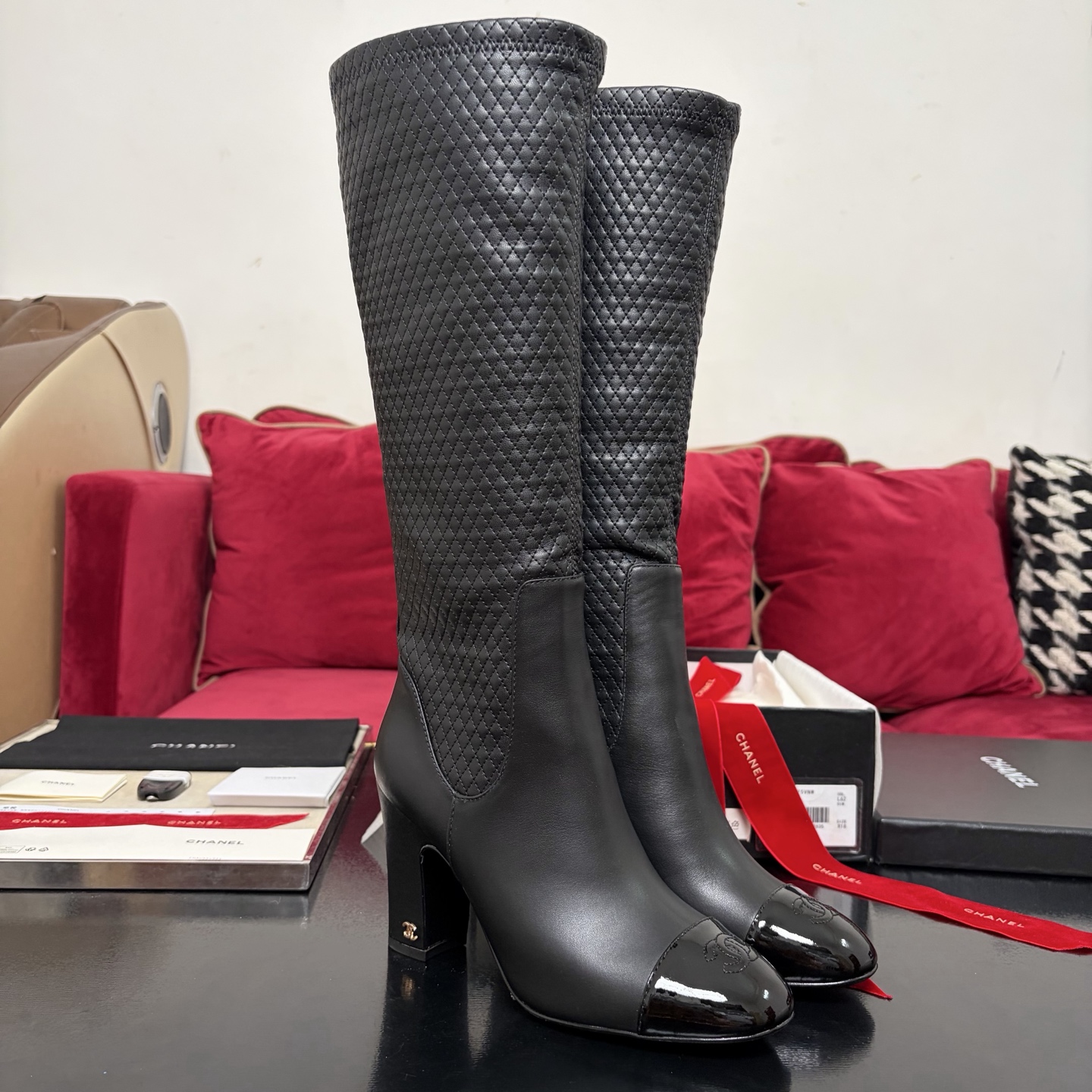 Chanel High Boots Calfskin Chunky Heel Patchwork