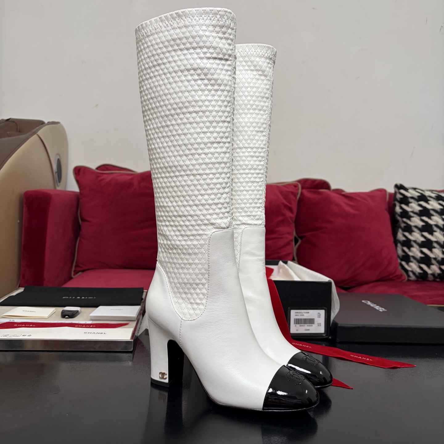 Chanel High Boots Calfskin Chunky Heel Paneled Stretch Boots