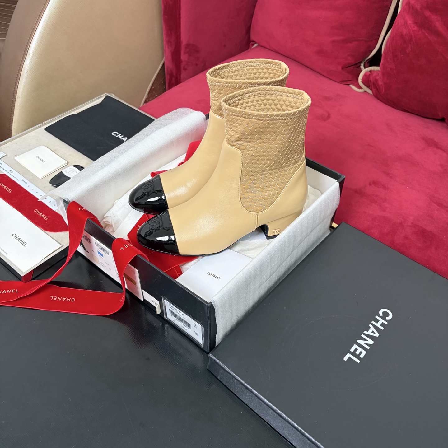Chanel Ankle Boots Chunky Heel Cowhide Color-Block Round Pointed Toe