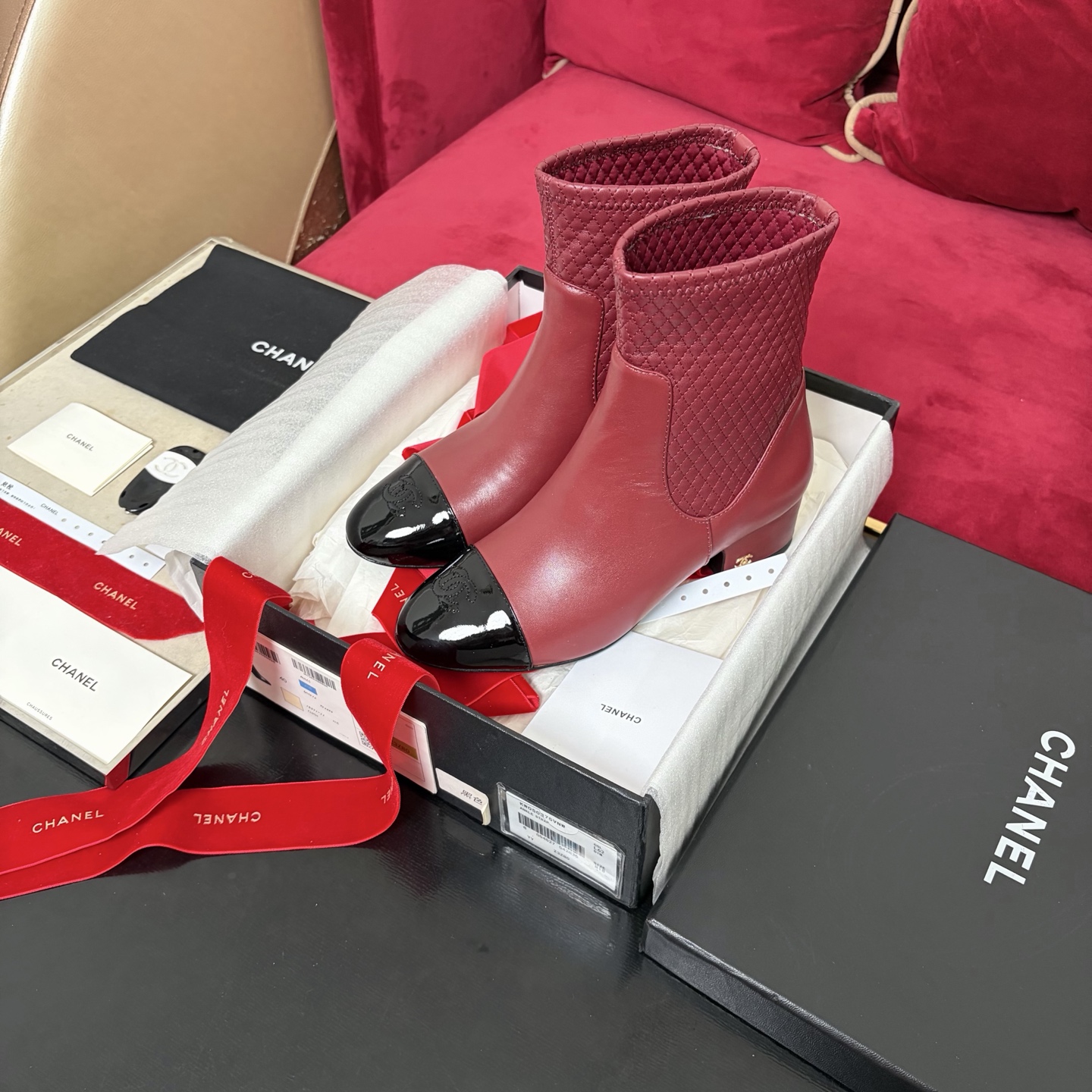 Chanel Ankle Boots Calfskin Panel Chunky Heel Elastic