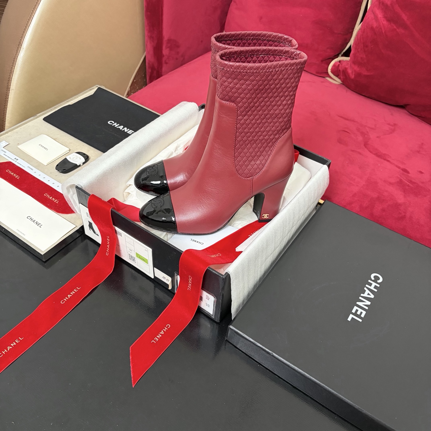 Chanel Patchwork Chunky Heel Stretch Boots Calfskin Ankle Boots