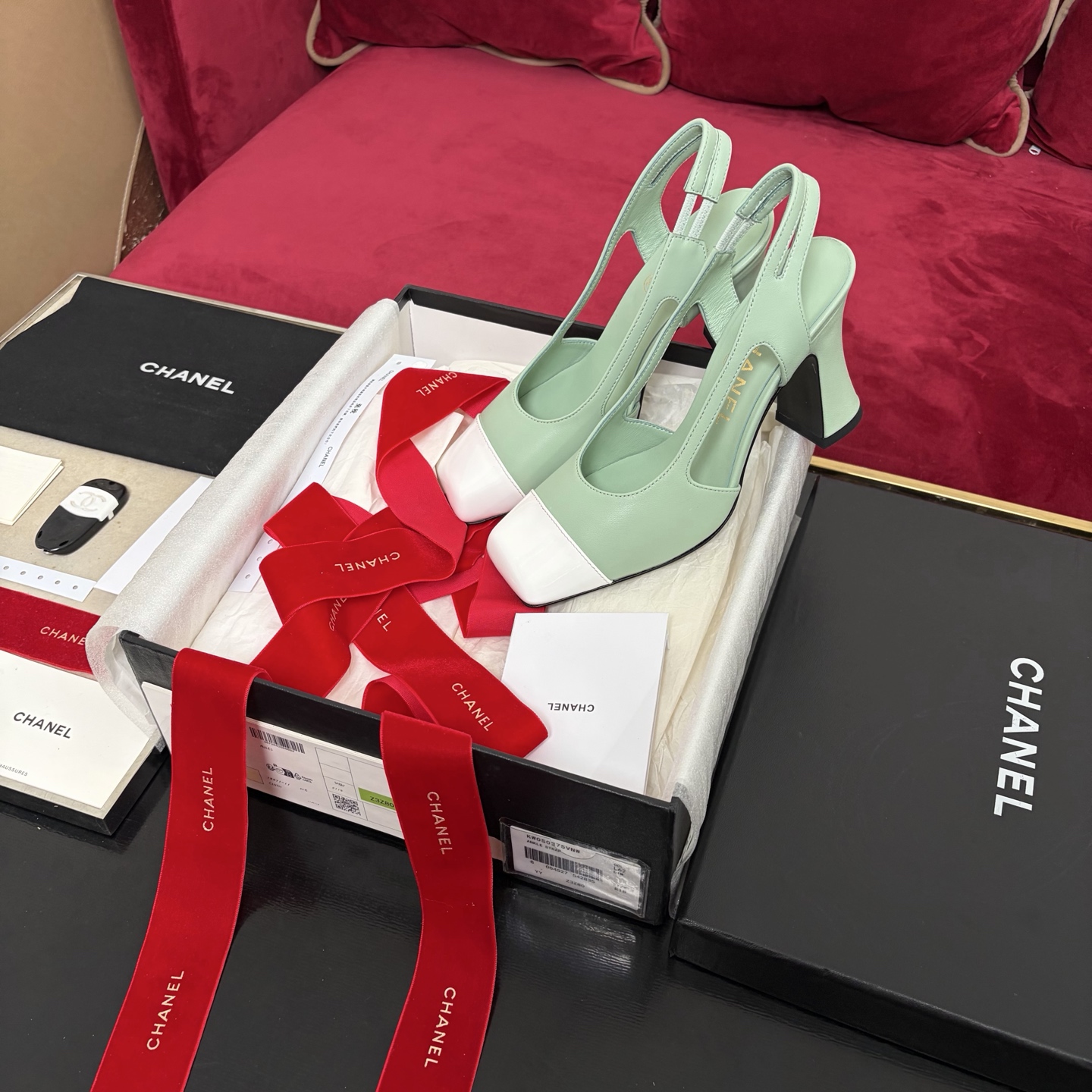 Chanel 后空系带 粗跟 双色 浅绿 女鞋