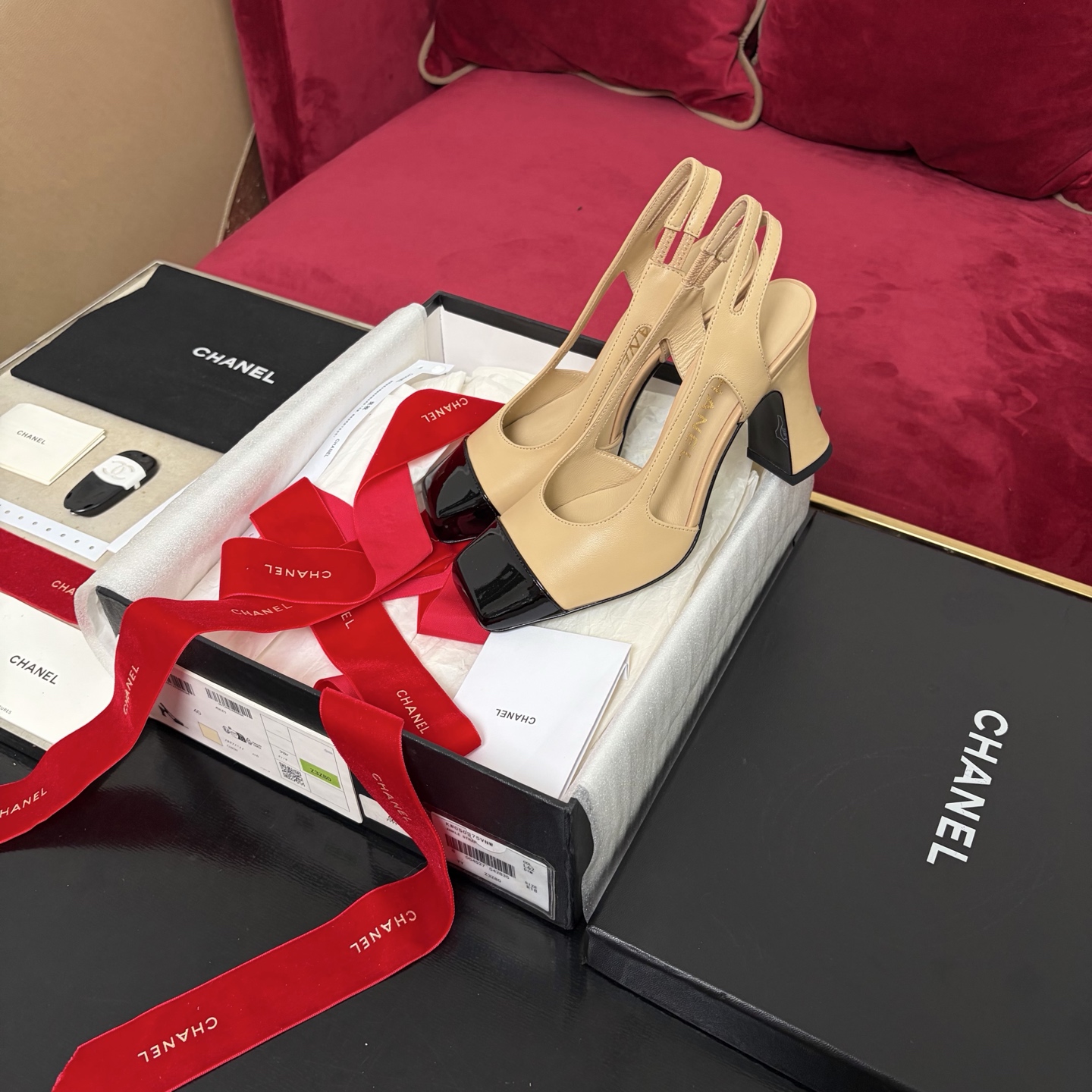 Chanel 后空系带 粗跟 拼色 单鞋