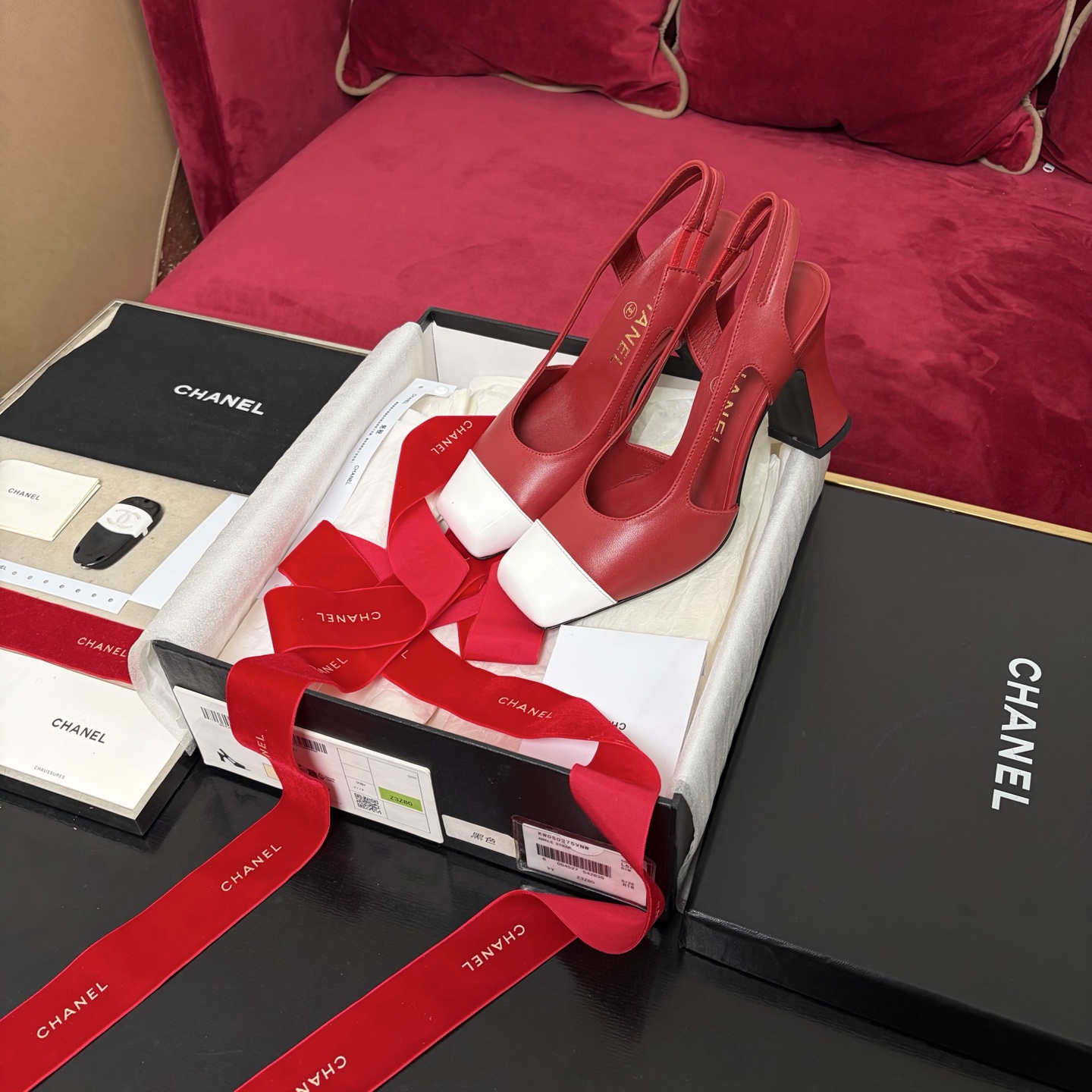 Chanel 后空系带 拼色 粗跟 单鞋