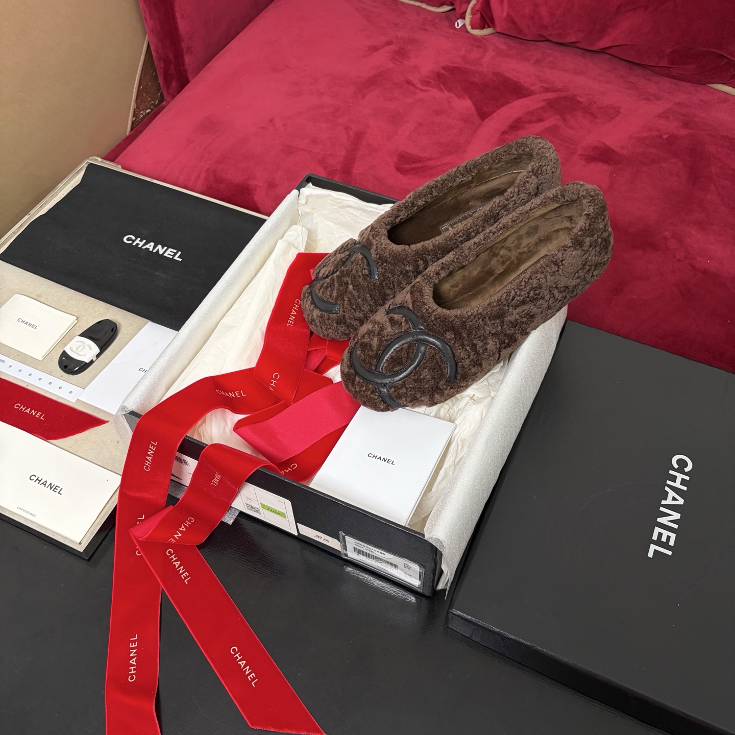 Chanel Fur Slip-On Flats Brown